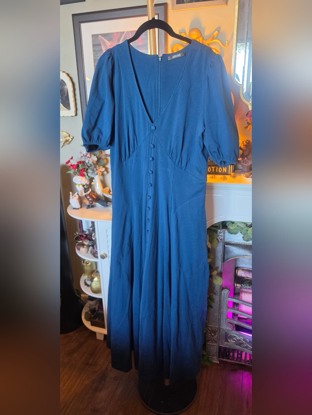 Women's Navy Blue Button-Front Midi Dress